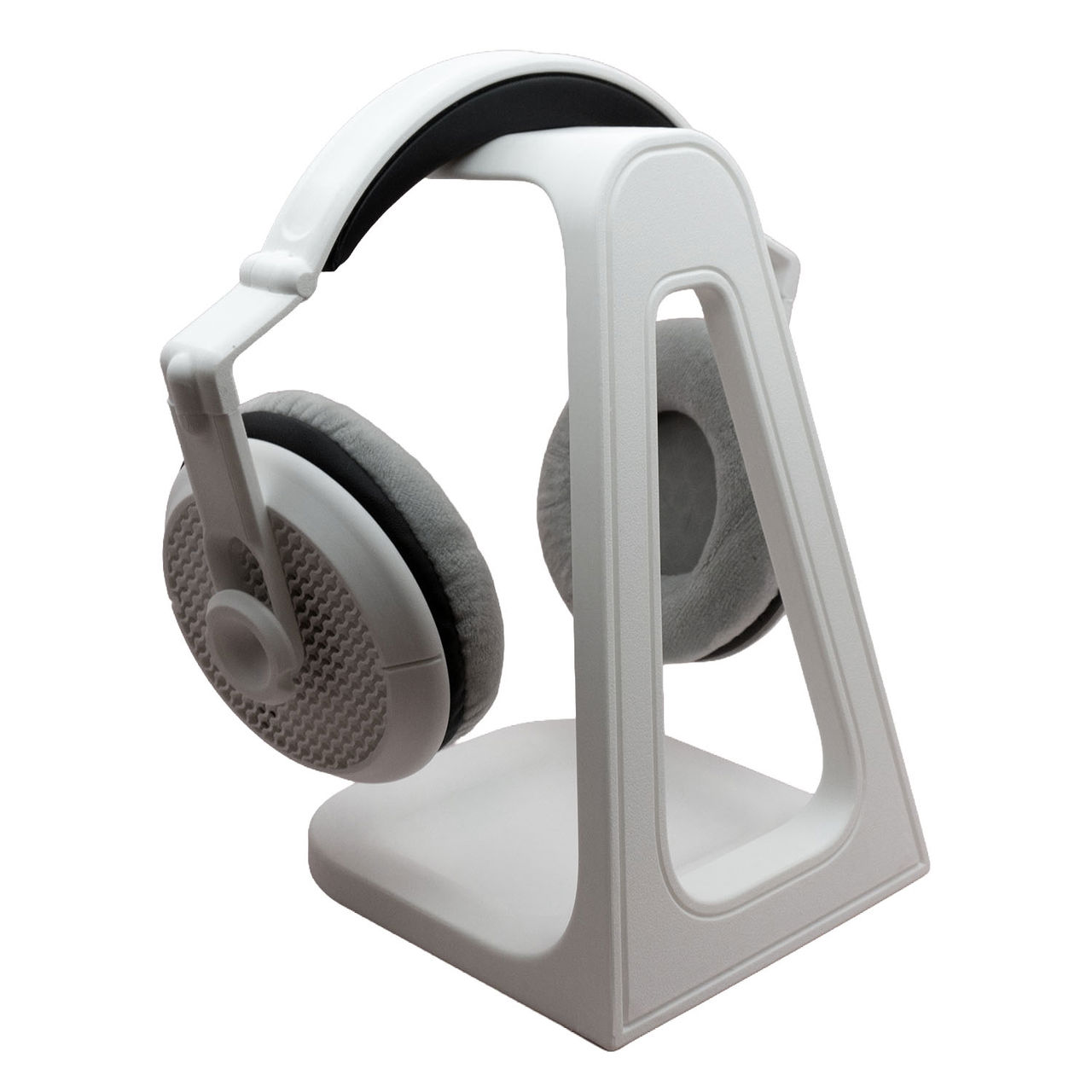 Hvid headset holder med opbevaringsbakke på skrivebord