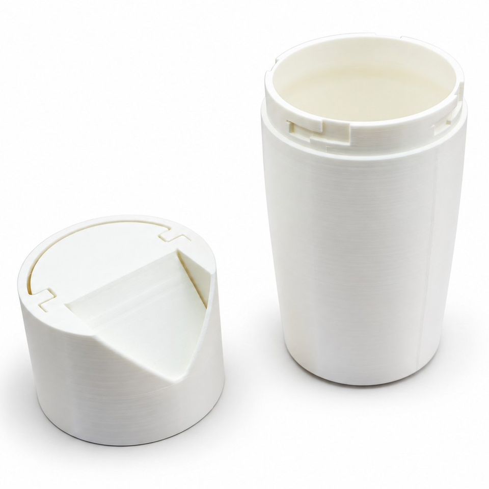 Hvid 3D-printet cylindrisk beholder med aftaget låg og skrå åbning.
