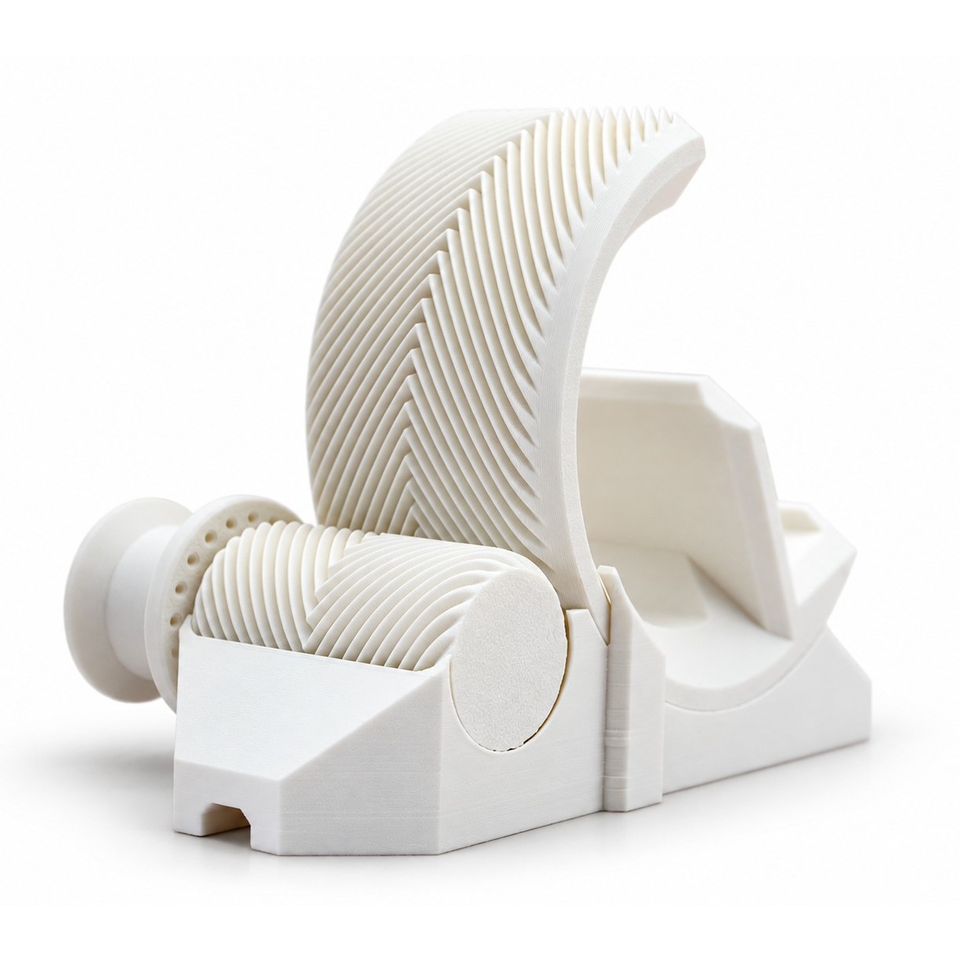 Hvid 3D-printet mobilholder med fjederlås og ribbede, buede gribeflader.