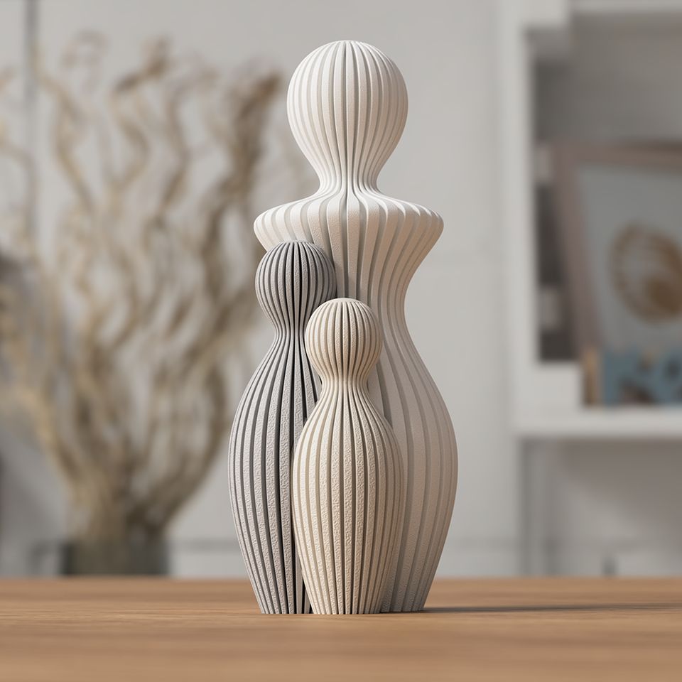 3D-printet familiefigurer i beige og grå med lodrette riller.