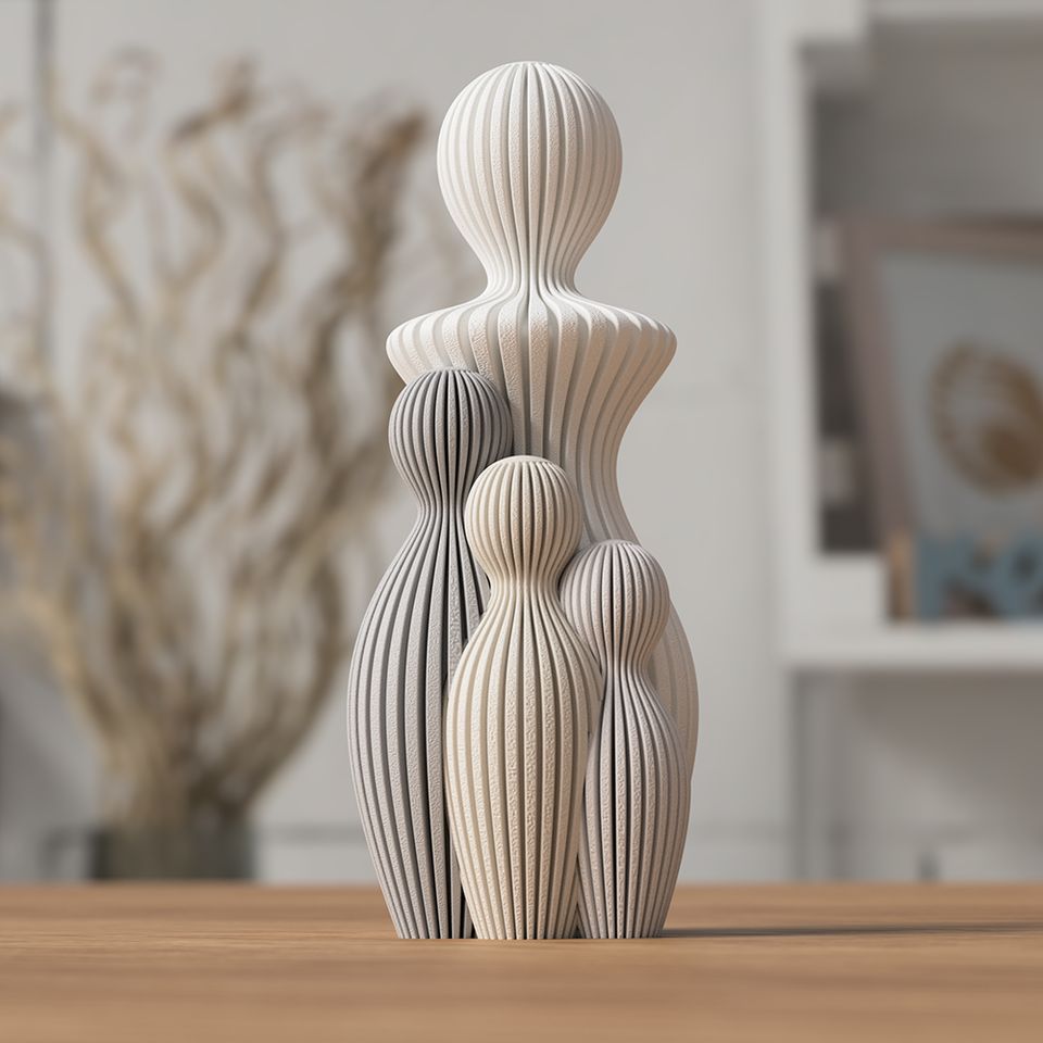 3D-printet familieskulptur med fire hvid-grå figurer og lodrette ribber.