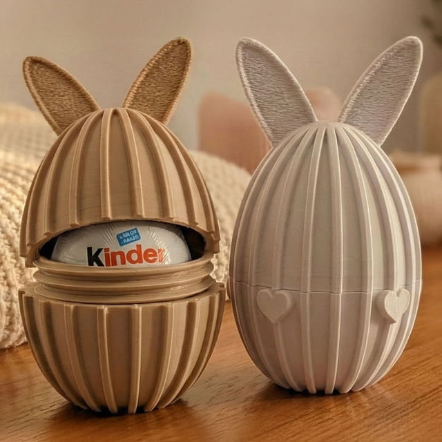 3D printede påskeæg med kaninører på træbord, det ene åbent med plads til chokolade